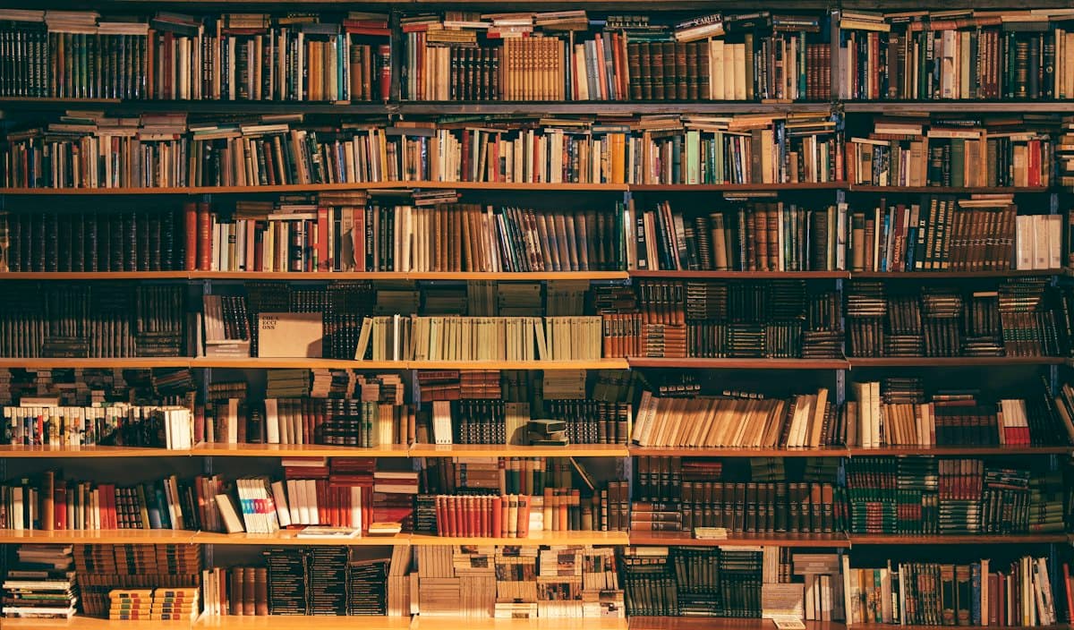 Floor-to-ceiling shelves of well-worn books in an archive
